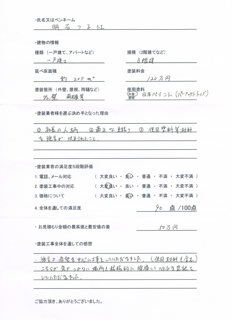 大阪府大阪市のお客様のアンケート用紙（大）