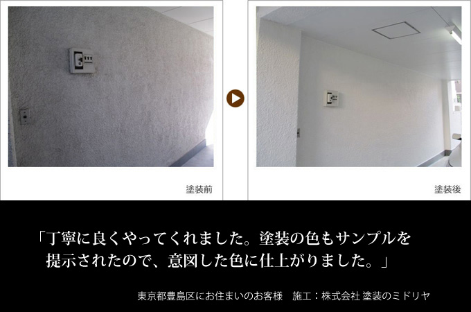 丁寧によくやってくれました。塗装の色もサンプルを提示されたので意図した色に仕上がりました。東京都豊島区にお住まいのお客様 施工:株式会社 塗装のミドリヤ